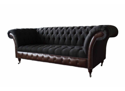 Chesterfield 3 sēdvietu dīvāns ar ādas polsteri un melnu audumu sēdvietu. Jauns.