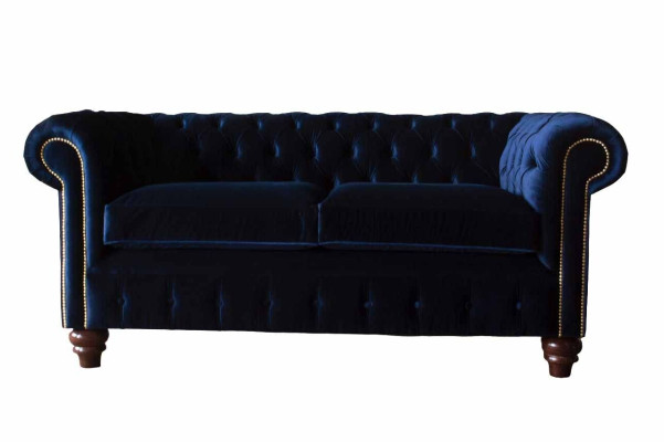 Zila Česterfilda angļu klasiskā stila dīvāns ar 3 sēdvietām, izmērs 230 cm