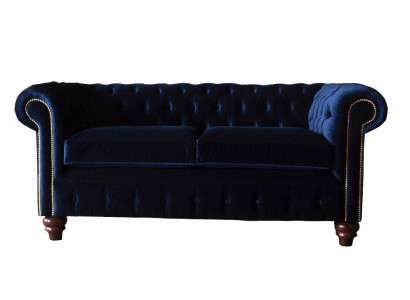 Zila Česterfilda angļu klasiskā stila dīvāns ar 3 sēdvietām, izmērs 230 cm