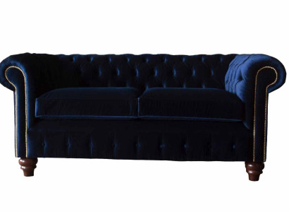 Zila Česterfilda angļu klasiskā stila dīvāns ar 3 sēdvietām, izmērs 230 cm