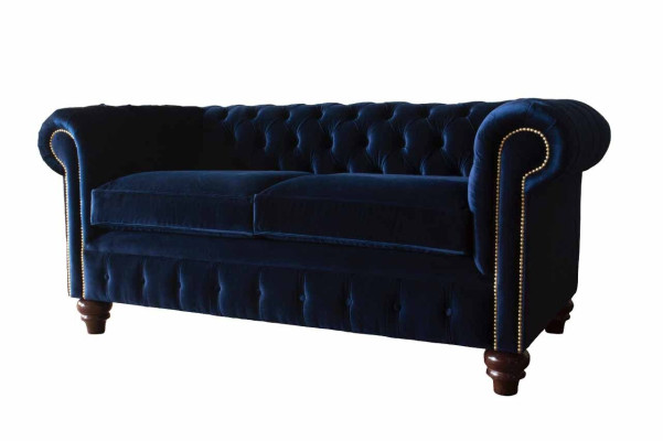 Zila Česterfilda angļu klasiskā stila dīvāns ar 3 sēdvietām, izmērs 230 cm