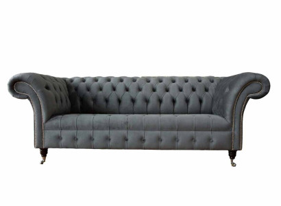 Angļu Chesterfield kanapējsofa biroja mēbeles trīsvietīgs samts 230cm pelēka