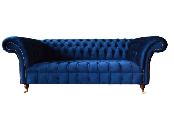 Zils Chesterfield trīsvietīgs dīvāns 3-vietīgie dīvāni luksusa tekstila dīvāni.
