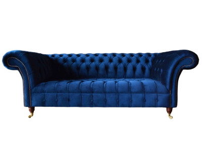 Zils Chesterfield trīsvietīgs dīvāns 3-vietīgie dīvāni luksusa tekstila dīvāni.