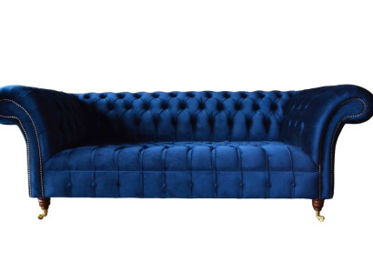 Zils Chesterfield trīsvietīgs dīvāns 3-vietīgie dīvāni luksusa tekstila dīvāni.