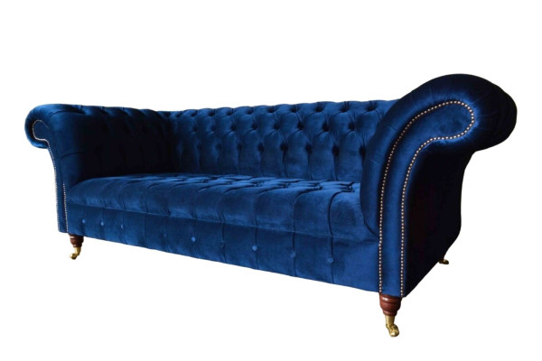 Zils Chesterfield trīsvietīgs dīvāns 3-vietīgie dīvāni luksusa tekstila dīvāni.