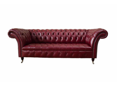 Chesterfield 3 sēdvietu ādas dīvāns ar polsterējumu, luksusa brūns gultas dīvāns 230 cm.
