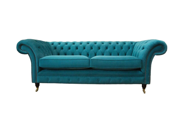 Chesterfield trīsvietīgi zilā auduma dzīvojamā istaba dizaina mīkstie dīvāni