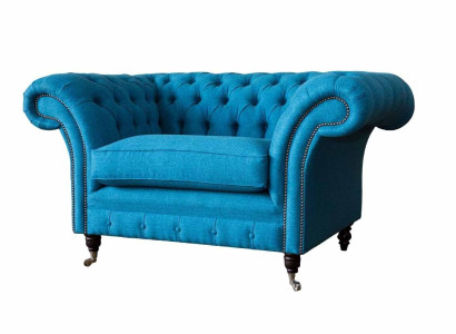 Zilais Česterfilda krēsls, polsterētais dīvāns, sofa, 1,5 sēdvietu, vienas sēdvietas, tekstils