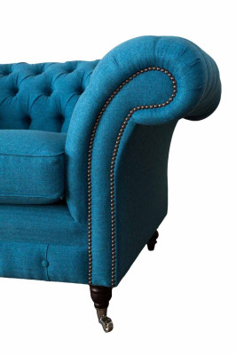 Zilais Česterfilda krēsls, polsterētais dīvāns, sofa, 1,5 sēdvietu, vienas sēdvietas, tekstils