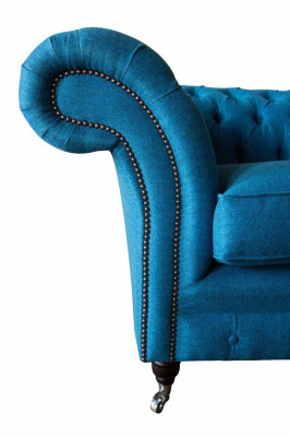 Zilais Česterfilda krēsls, polsterētais dīvāns, sofa, 1,5 sēdvietu, vienas sēdvietas, tekstils
