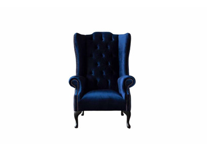 Auspušu krēsla "Chesterfield" dīvāns / gulta / mīkstie paklodai 1-os sēdekļu krēsls, zils tekstils.