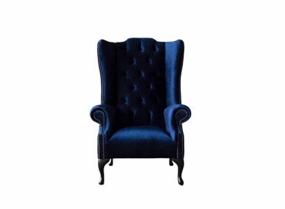 Auspušu krēsla "Chesterfield" dīvāns / gulta / mīkstie paklodai 1-os sēdekļu krēsls, zils tekstils.