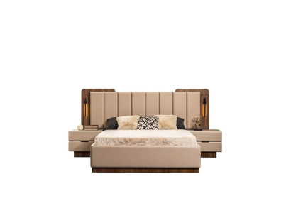 Pilnīga guļamistabas komplekta divvietīga gulta ar nakts skapjiem bēša auduma 3 gabalos