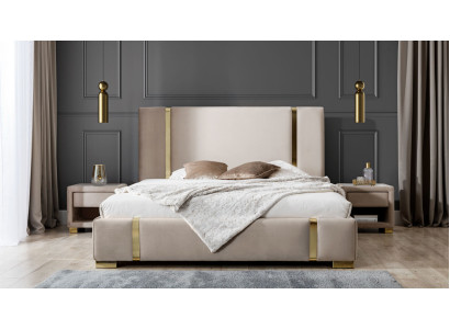 Pilna guļamistabas komplekta garnitūra no nerūsējošā tērauda divguļamā gulta polsterēti naktsgaldi.