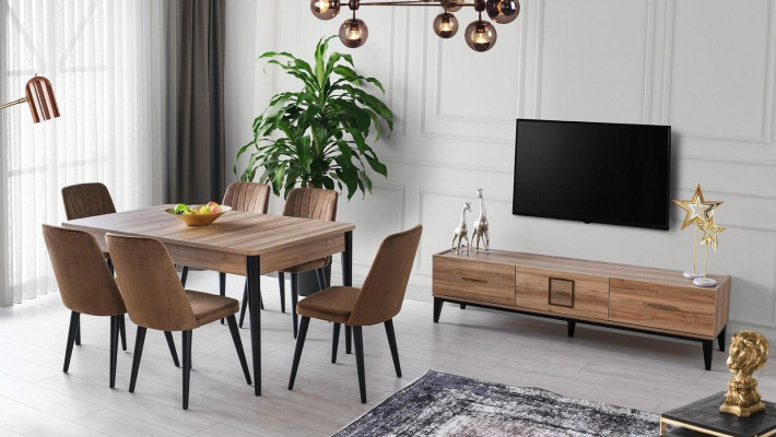 Ēdamzona ēdamgrupa ēdamgalds krēsli koka komplekts 8 gab. Brūns TV statīvs