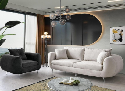 Sofa komplekts, trīs vietu krēsls, auduma diwanbeds, mīkstais dīvāns, 3 gab. Balts moderns