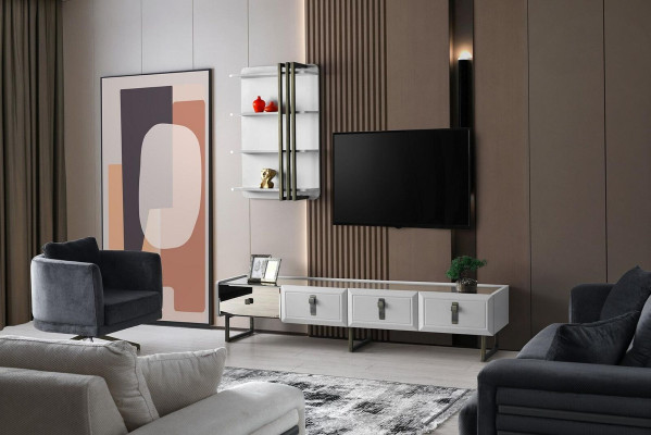 Dzīvojamās istabas TV stends Plaukti RTV zemā skapītis Sideboard Koks Balts Komplekts