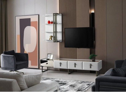 Dzīvojamās istabas TV stends Plaukti RTV zemā skapītis Sideboard Koks Balts Komplekts
