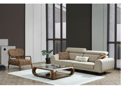 Sofas komplekts Auduma dīvāns Pārklāta dīvāns Trīs vietu dīvāns Krēsls Beža dīvāns 2 gabali
