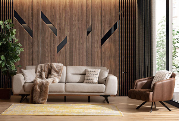 Sofas komplekts, Klasiskā auduma trīsvietīgā dīvāna krēsls bēšs polsterēts dīvāns
