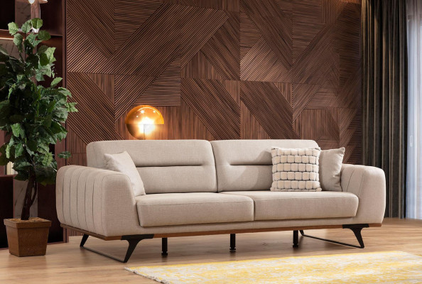 Sofas komplekts, Klasiskā auduma trīsvietīgā dīvāna krēsls bēšs polsterēts dīvāns