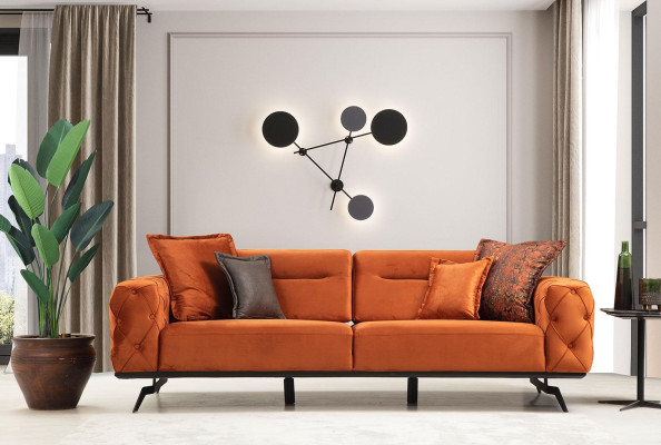 Trīsvietīga oranža dīvāna 3 vietu auduma chesterfield dīvāns