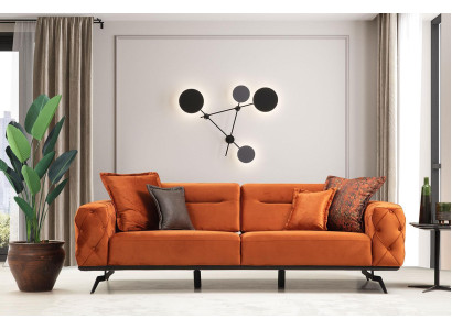 Trīsvietīga oranža dīvāna 3 vietu auduma chesterfield dīvāns
