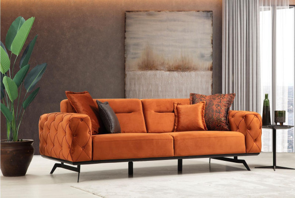 Trīsvietīga oranža dīvāna 3 vietu auduma chesterfield dīvāns