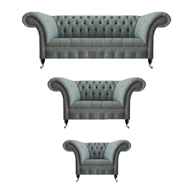 Chesterfield Pelēka Luksusa Dīvāngarnitūra 3 daļas Moderna Viesistaba Iekārtojums