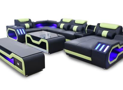 Stūra dīvāns U formā melns dzīvojamās istabas dīvāns ar noapaļotiem stūriem un polsterējumu