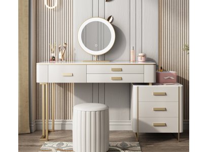 Sānu galds Ar spoguli un paliktni Make-up galds ar spoguli un skapīšiem Kosmētikas galds ar spoguli un plauktiem Chest of drawers with a mirror