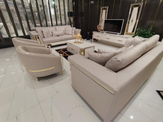Luksusa 3+3+1 vietas dizaina mēbeles krēsls dīvāns Beža tekstilmateriāls koka jauns