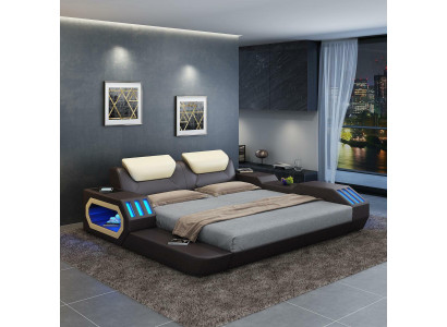Luksusa dizaina gultas karkass ar gultas galvu no ādas, gultu ar USB pieslēgvietu, luksusa divguļammašīna viesnīcai.