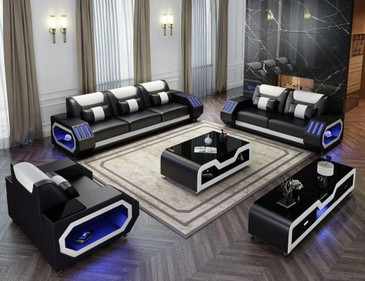 Sofas komplekts ar 3+2+1 sēdvietām, galds, plaukts. Dizaina mūsdienīgs 5 gabalu komplekts.