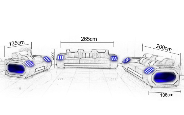 Sofas komplekts ar 3+2+1 sēdvietām, galds, plaukts. Dizaina mūsdienīgs 5 gabalu komplekts.