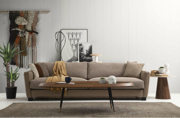 Sofas komplekts 3-vietīgs krēsls moderne audums bēša dizains komplekts