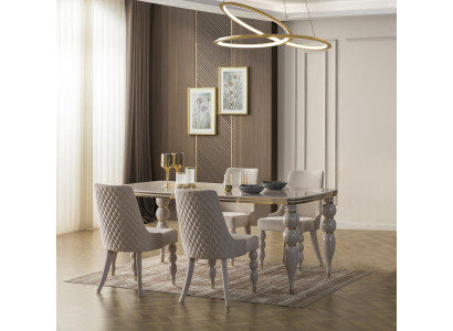 Tumši beige ēdamistabas komplekts, dizainera koka ēdamgalds x6 krēsli 7 gab. luksusa komplekts