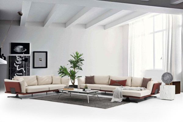 Sofas stūrveida 3-vietīgā dīvāna komplekts Beža moderns audums L-formā