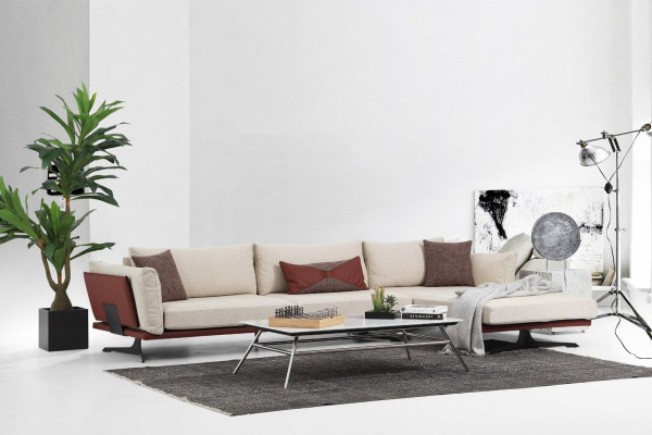 Sofas stūrveida 3-vietīgā dīvāna komplekts Beža moderns audums L-formā