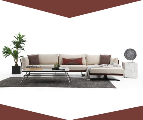 Sofas komplekts ar diviem sēdvietu stūra dīvānu L-formā, bēša krāsā, modernā audumā.