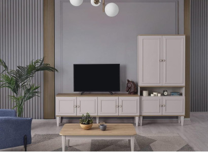 TV stendabox, RTV zems plaukts, dzīvojamā istaba, griestu plaukts, pelēks koks.