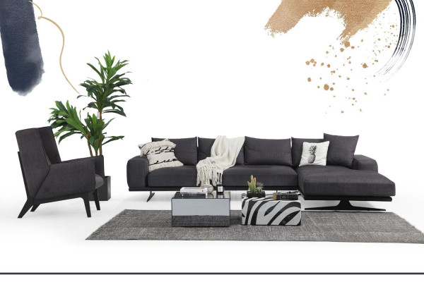 Stūrsofa L-formas sofa dzīvojamā istaba pelēka moderna auduma mēbeles mīksto sēdvietu dizains