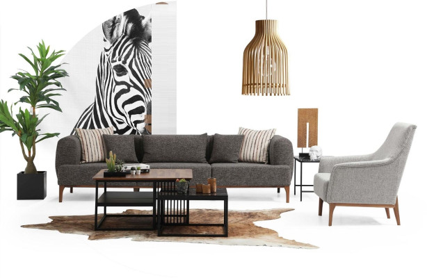 Sofas komplekts ar trim sēdvietām, moderns krēsls, pelēka auduma mīkstais krēsls dzīvojamā istabā.