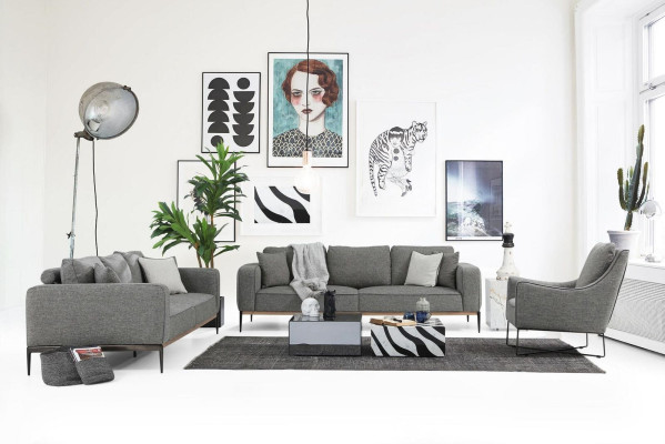 Sofas komplekts 431 Sēdvietu dīvāns Moderns auduma komplekts Pelēka grupa Dzīvojamā istaba
