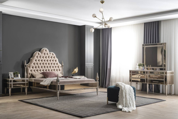 Moderns guļamistabas komplekts ar luksusa Chesterfield gultu un diviem naktsstendiem.