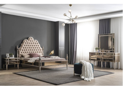 Moderns guļamistabas komplekts ar luksusa Chesterfield gultu un diviem naktsstendiem.