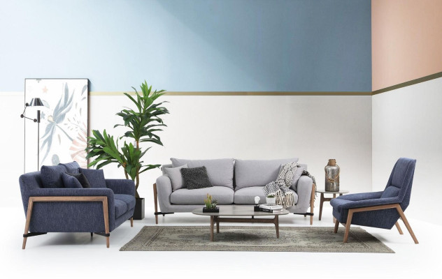 Sofa komplekts 2 vietas moderns audums zils grupa dzīvojamā istabā