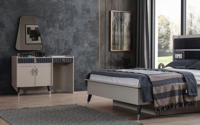 Beīgs grims galds koks kosmētikas galds dizainera konsole spogulis 2 gab.