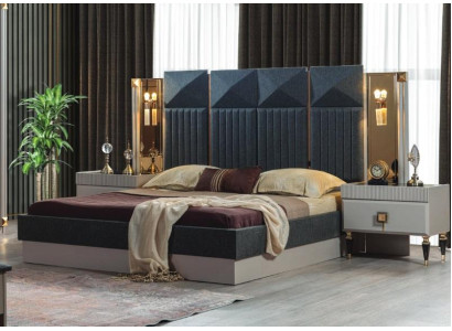 Modernā guļamistabas mēbeļu dizainera pelēka gulta 2 koka naktsgalda komplekts.